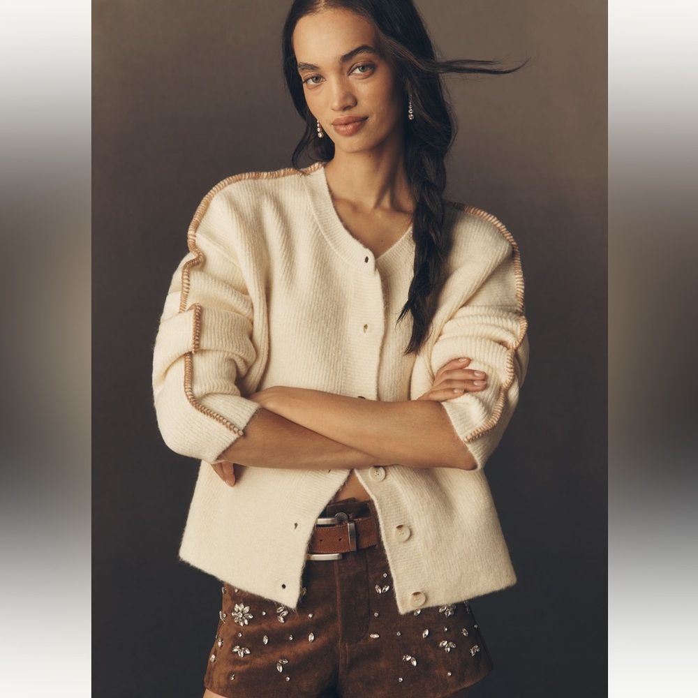 Whipstitch Cream Knit Button-Front Women's Cardigan Sweater